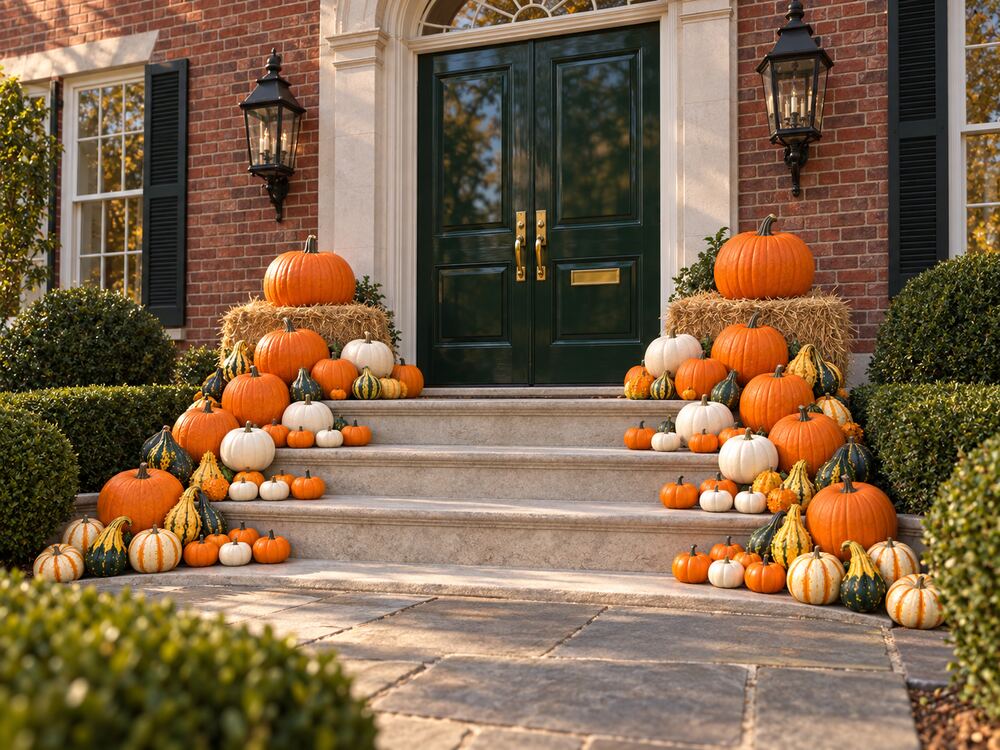 Une entrée de maison en brique avec des balles de foin surmontées de citrouilles le long d'un large escalier