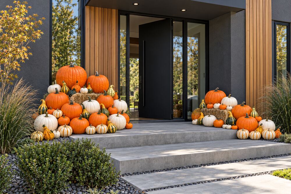 Une entrée de maison moderne avec un ensemble audacieux de citrouilles et de courges près d'une porte noire