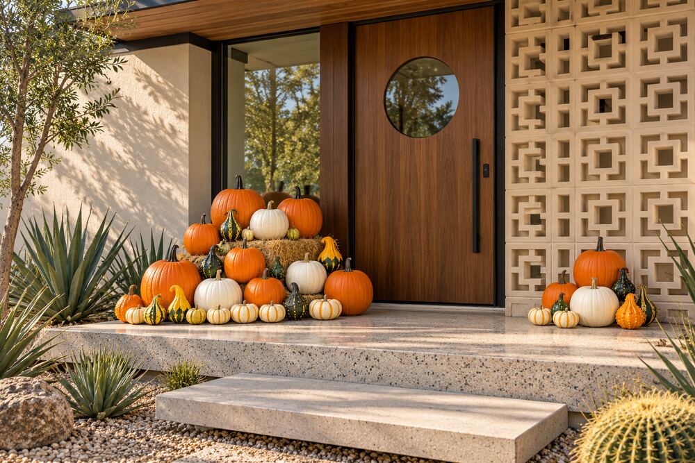 Une entrée de style moderne désertique avec citrouilles et courges sur une balle de foin près d'une porte en bois à hublot
