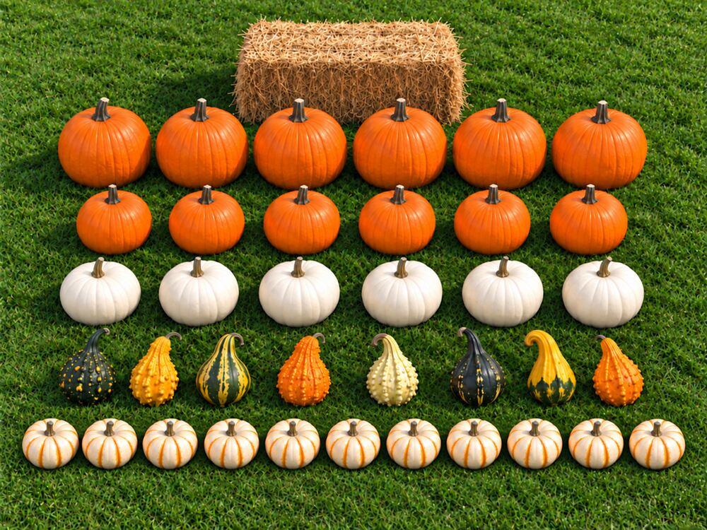 Le contenu complet du forfait Standard présenté sur le gazon : citrouilles, mini-citrouilles, courges et une balle de foin