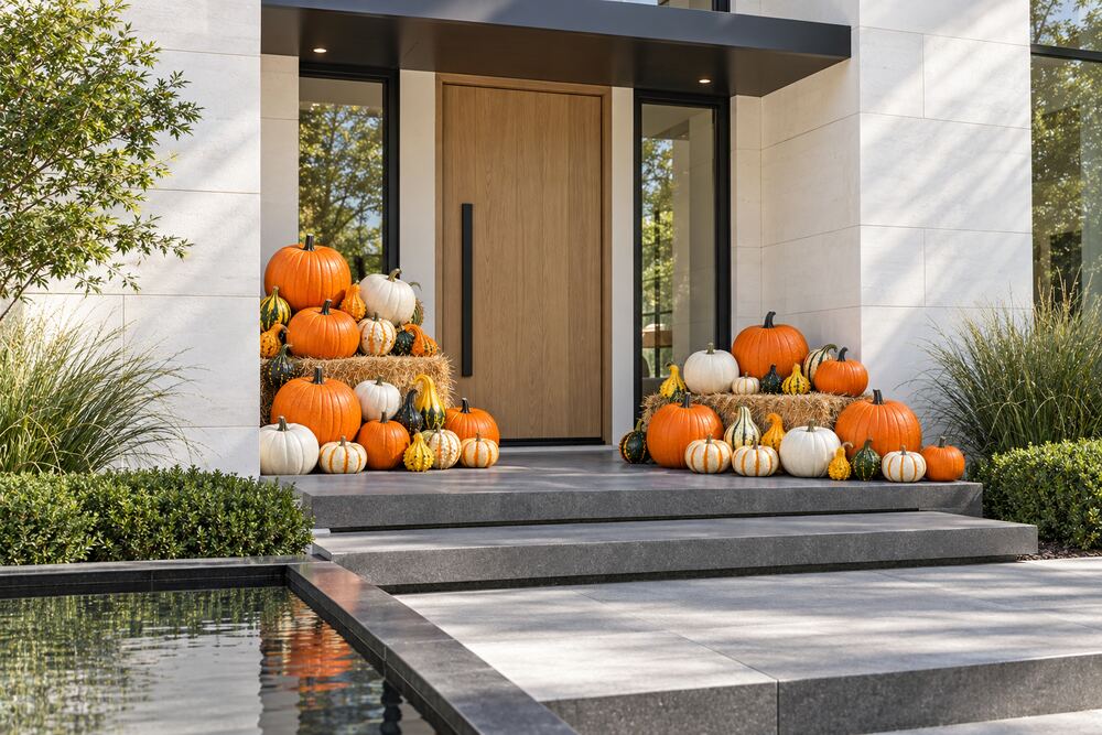 Une entrée moderne avec citrouilles et courges disposées sur des balles de foin près d'une porte en bois