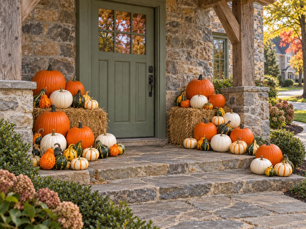 Un perron en pierre de style champêtre avec citrouilles et courges sur des balles de foin près d'une porte verte