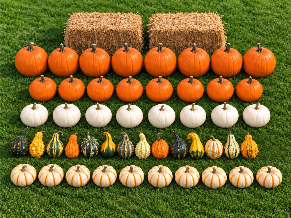 Le contenu complet du forfait Supérieur présenté sur le gazon : citrouilles, mini-citrouilles, courges et deux balles de foin